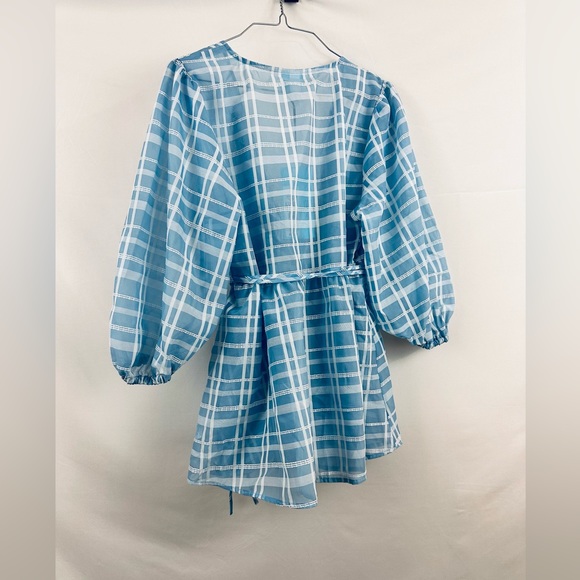 Future Collective - Wrap Semi Sheer V Neck Blouse Balloon 3/4 Sleeves Me… - Picture 3 of 9